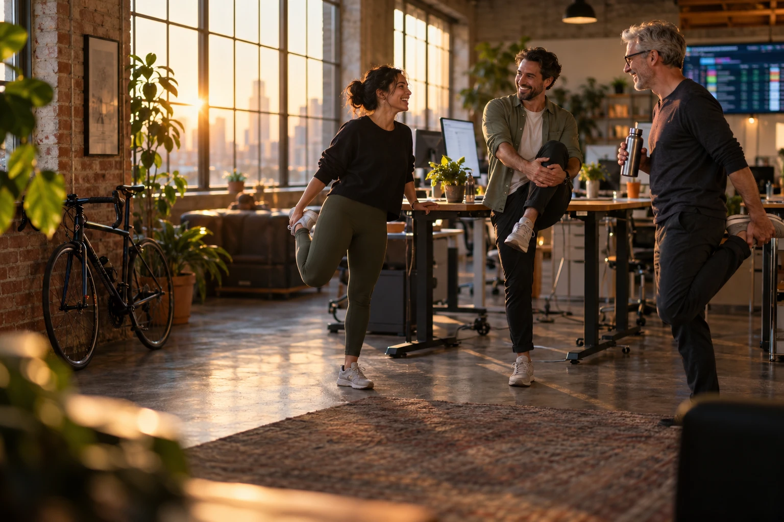 Kollegen dehnen sich lachend in einem Loft-Büro im Abendlicht.