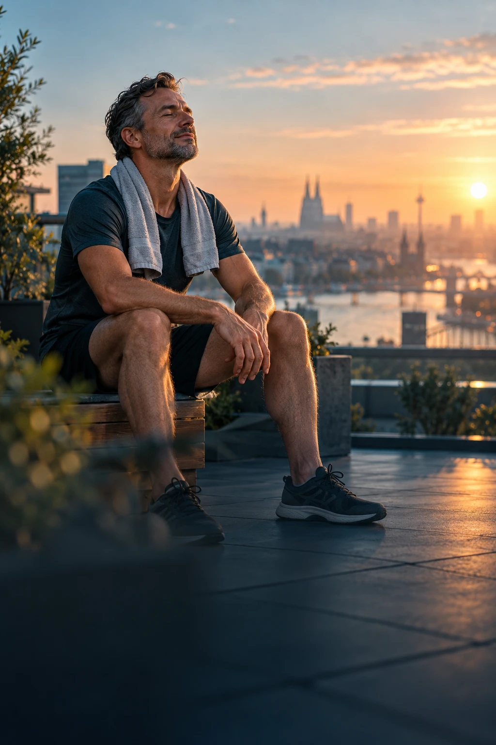 Ein Mann sitzt mit Handtuch um den Hals entspannt auf einer Dachterrasse im Sonnenaufgang.