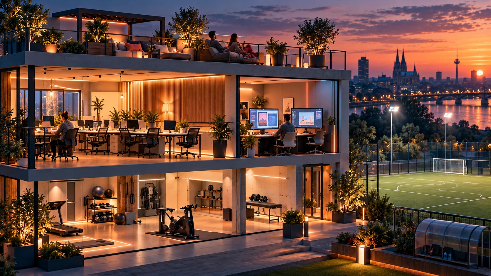 Das Puls-und-Pause-Haus am Abend: ruhige Räume, zwei Menschen entspannen auf der Dachterrasse.