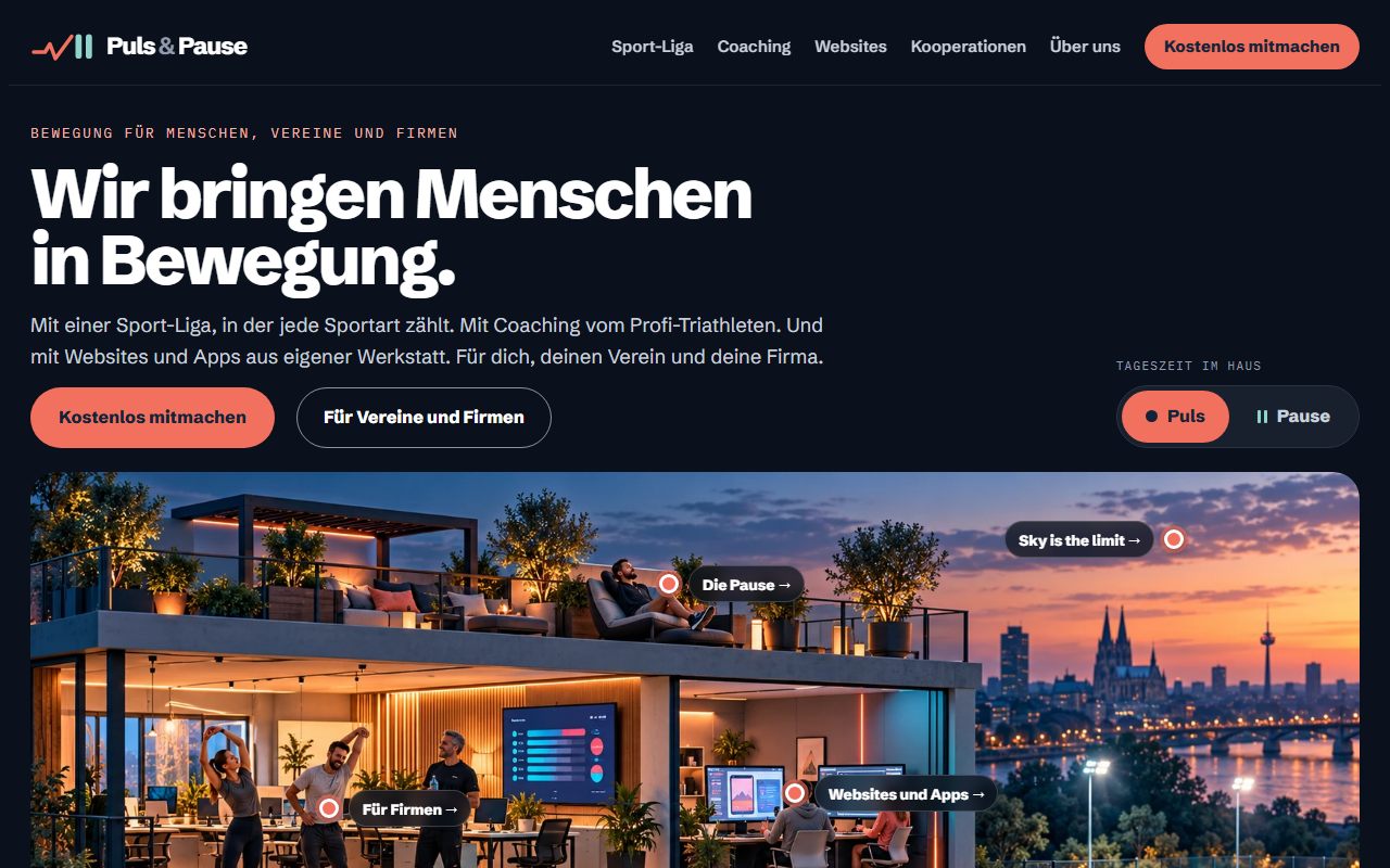Startseite von pulsundpause.de mit dem klickbaren Haus